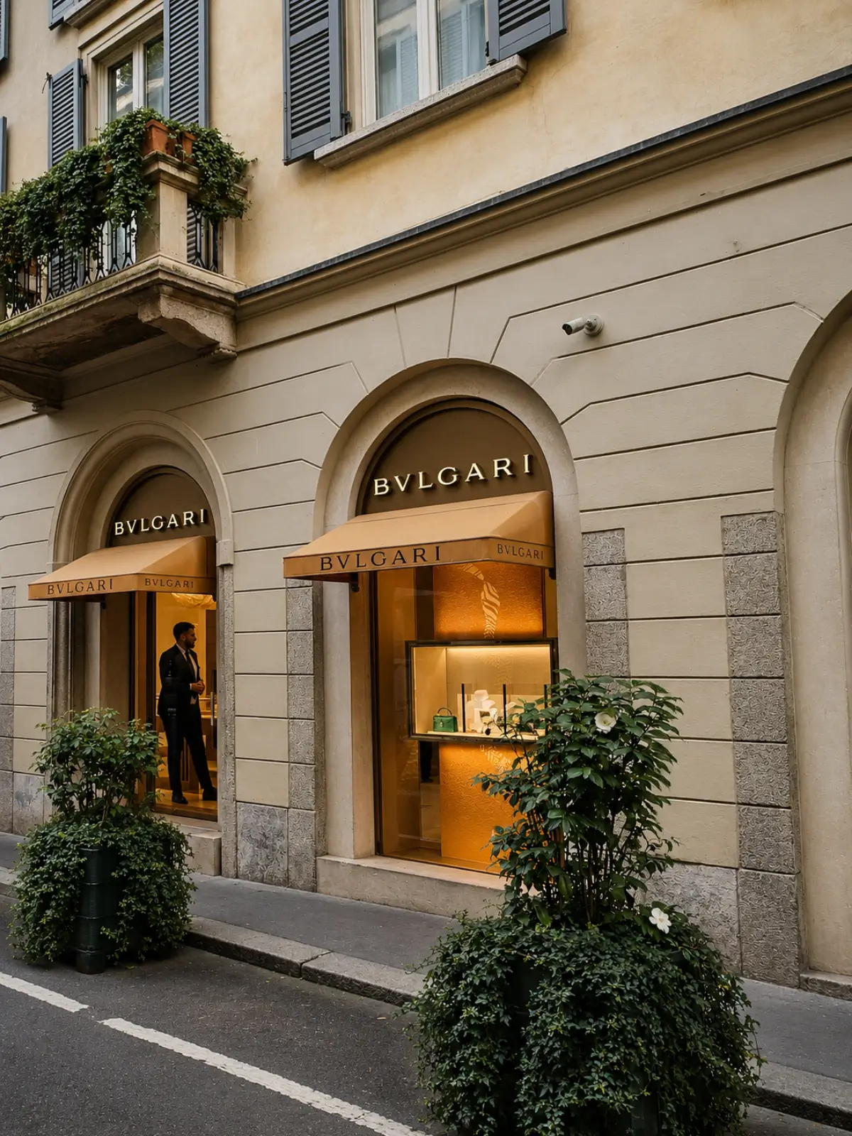 BVLGARI storefront along a Milan shopping street.