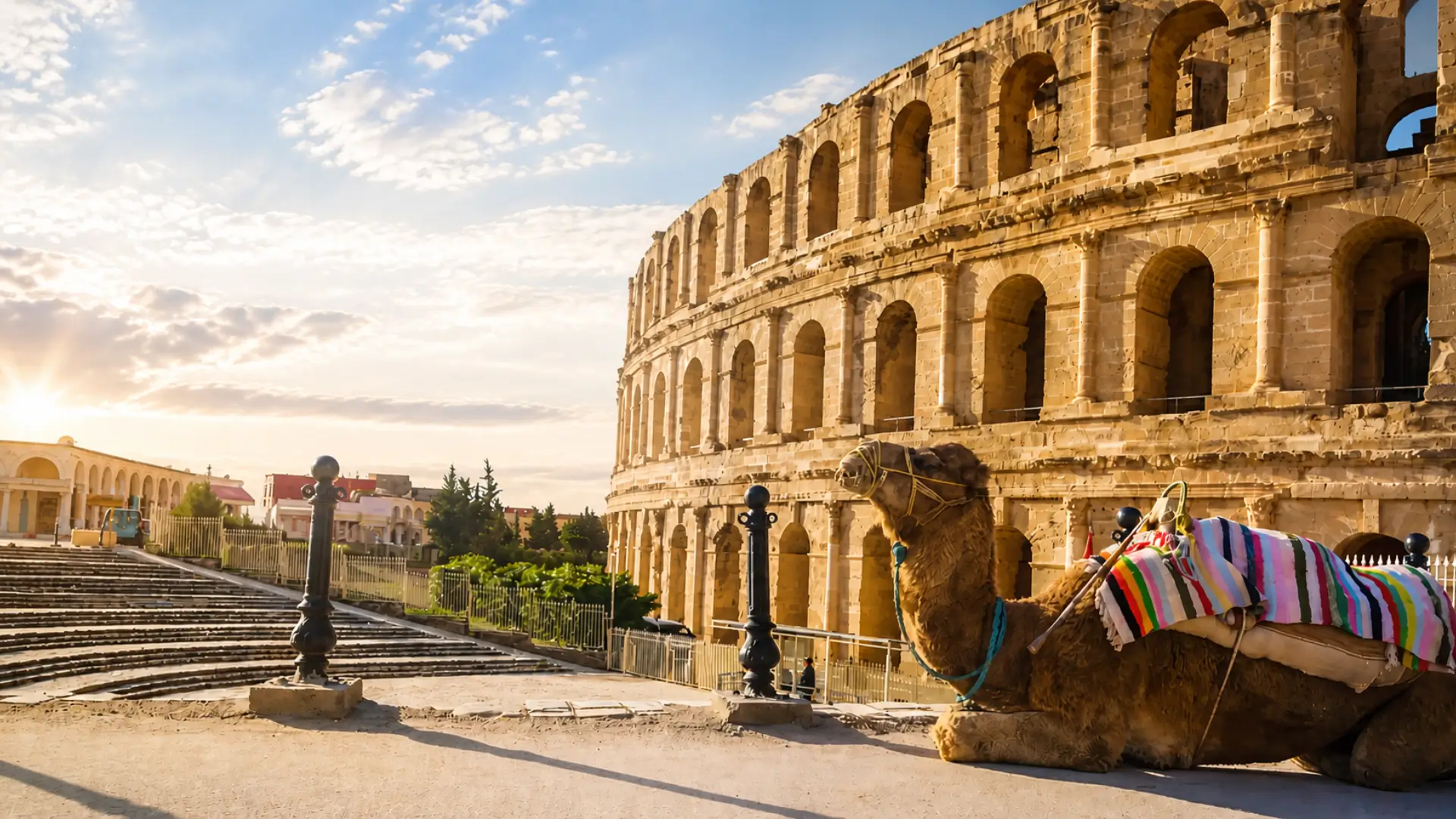 Camel resting beside the ancient El Jem Colosseum in Tunisia during golden hour.