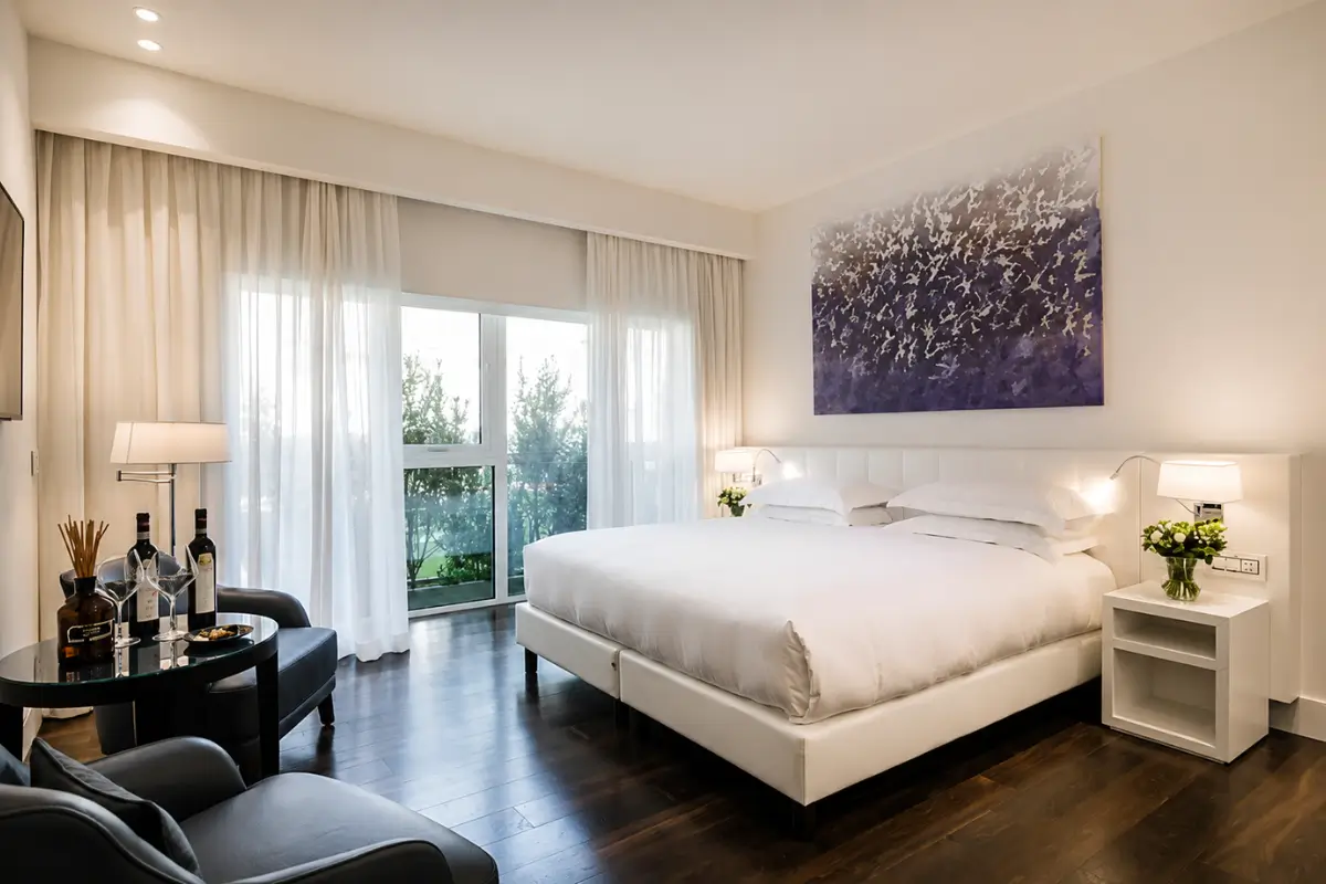 Modern suite room at Magna Pars Hotel in Milan.