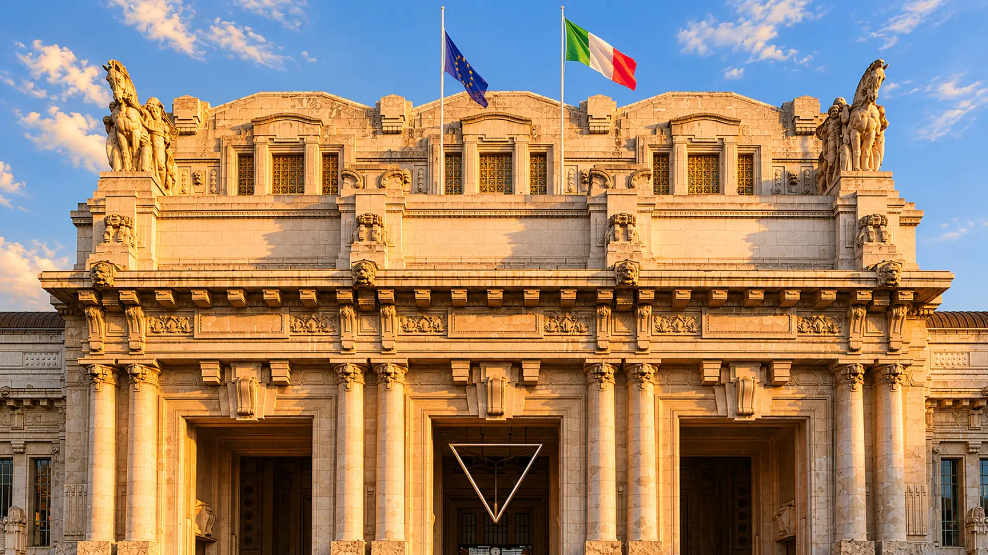 Front façade of Milano Centrale station beneath a blue sky.