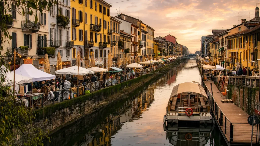 Evening view of Milan’s Navigli district with canal-side restaurants and aperitivo terraces.