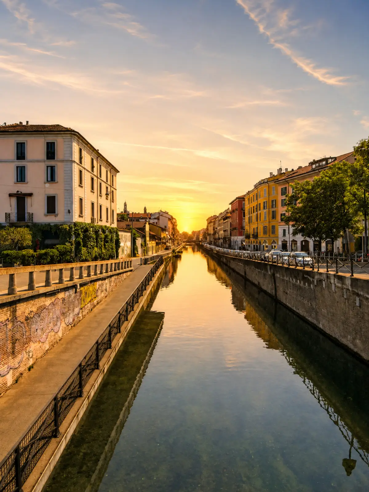 Sunset view along the Navigli canal.