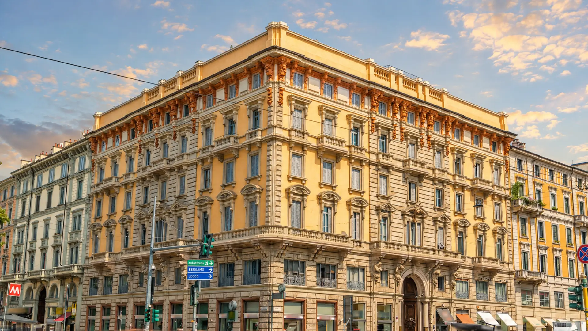 Historic building near Porta Venezia in Milan during golden hour.