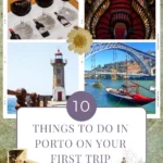 Porto travel highlights featuring port wine, Livraria Lello, Felgueiras Lighthouse, and Dom Luís I Bridge.
