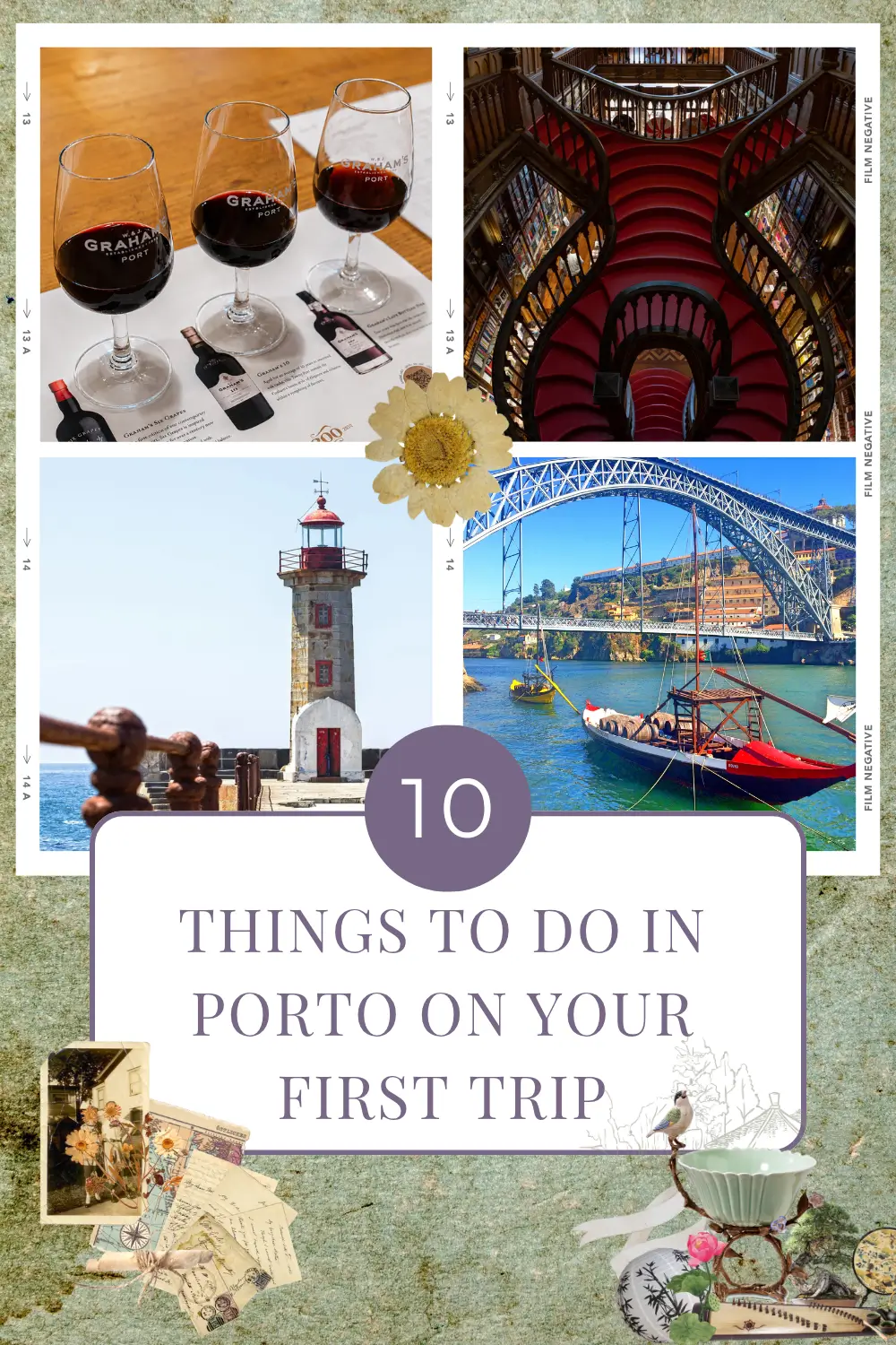 Porto travel highlights featuring port wine, Livraria Lello, Felgueiras Lighthouse, and Dom Luís I Bridge.
