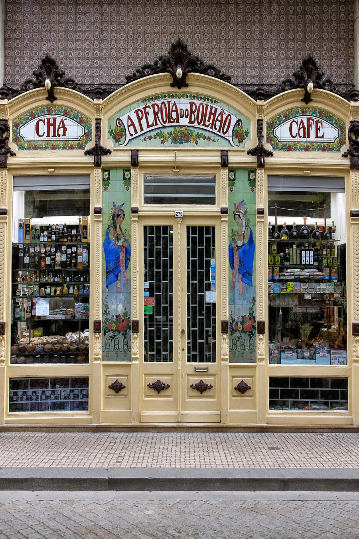 Ornate Art Nouveau facade of A Pérola do Bolhão shop in Porto.