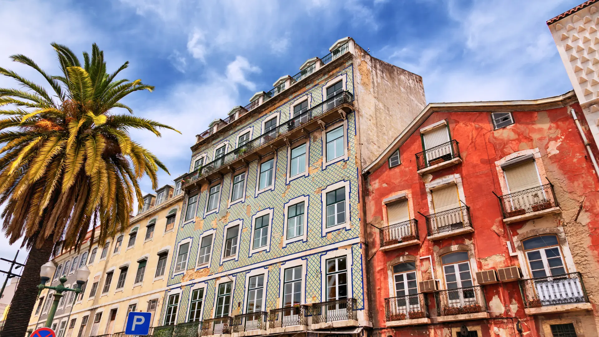 Colourful tiled buildings in central Lisbon.