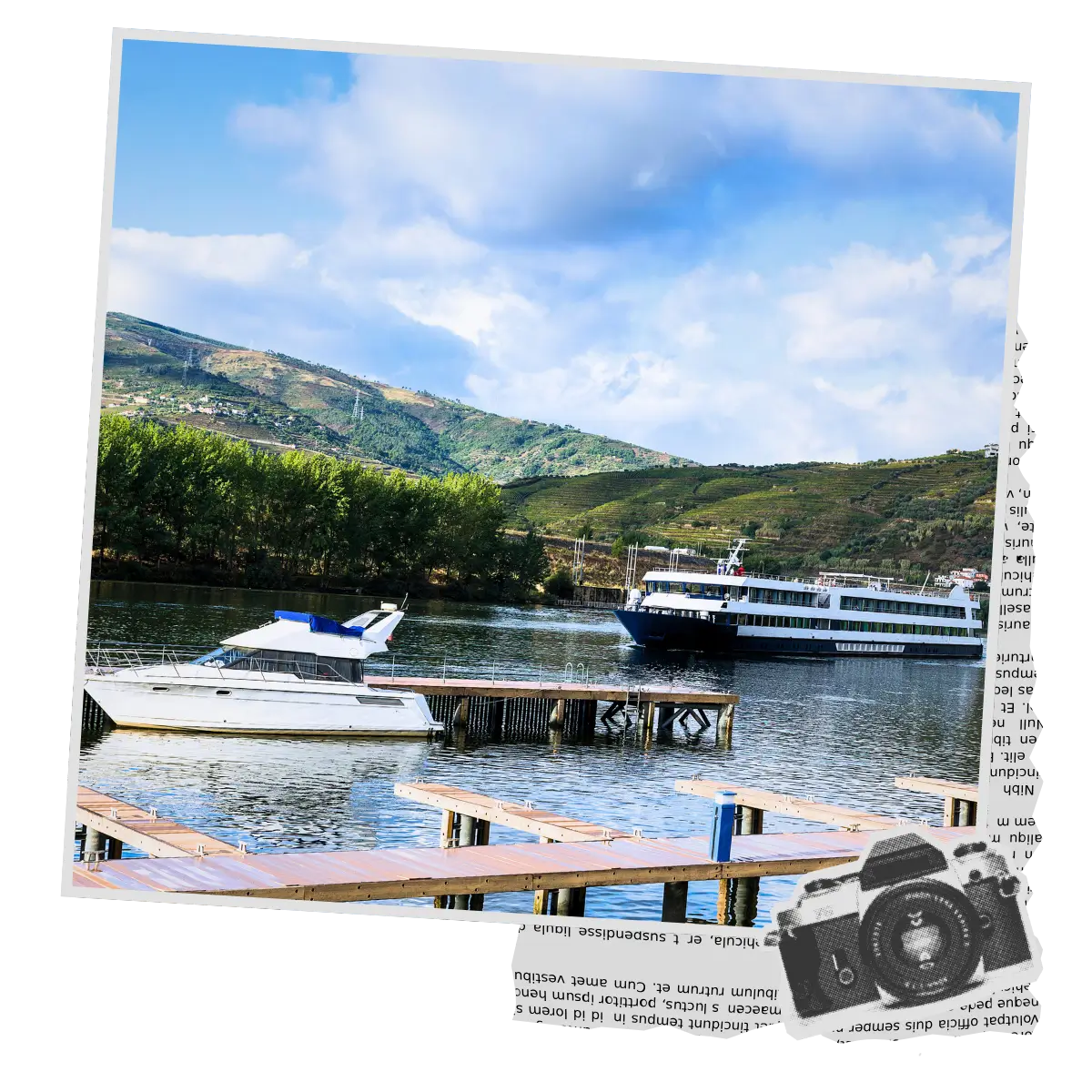Boats on the Douro River with terraced vineyard hills in the background.