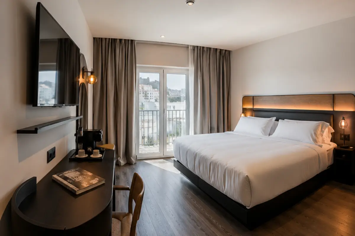 Guest room at chic&basic Gravity with a double bed, desk and large window overlooking Porto.