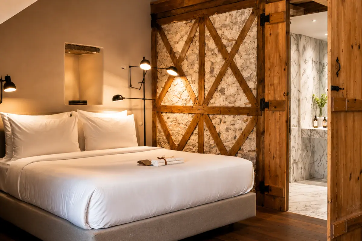Rustic boutique bedroom with stone walls and sliding wooden barn door.