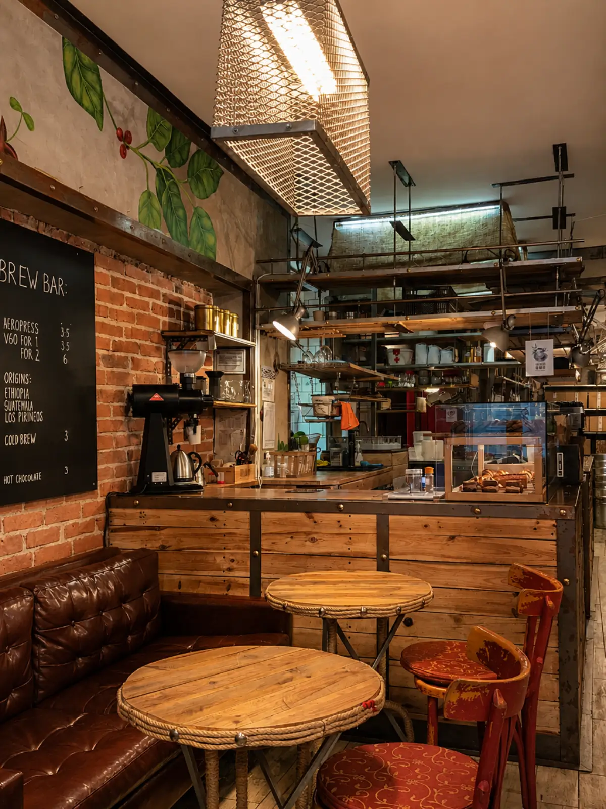 Interior of Fábrica Coffee Roasters in Porto with the brew bar, wooden tables and exposed brick walls.