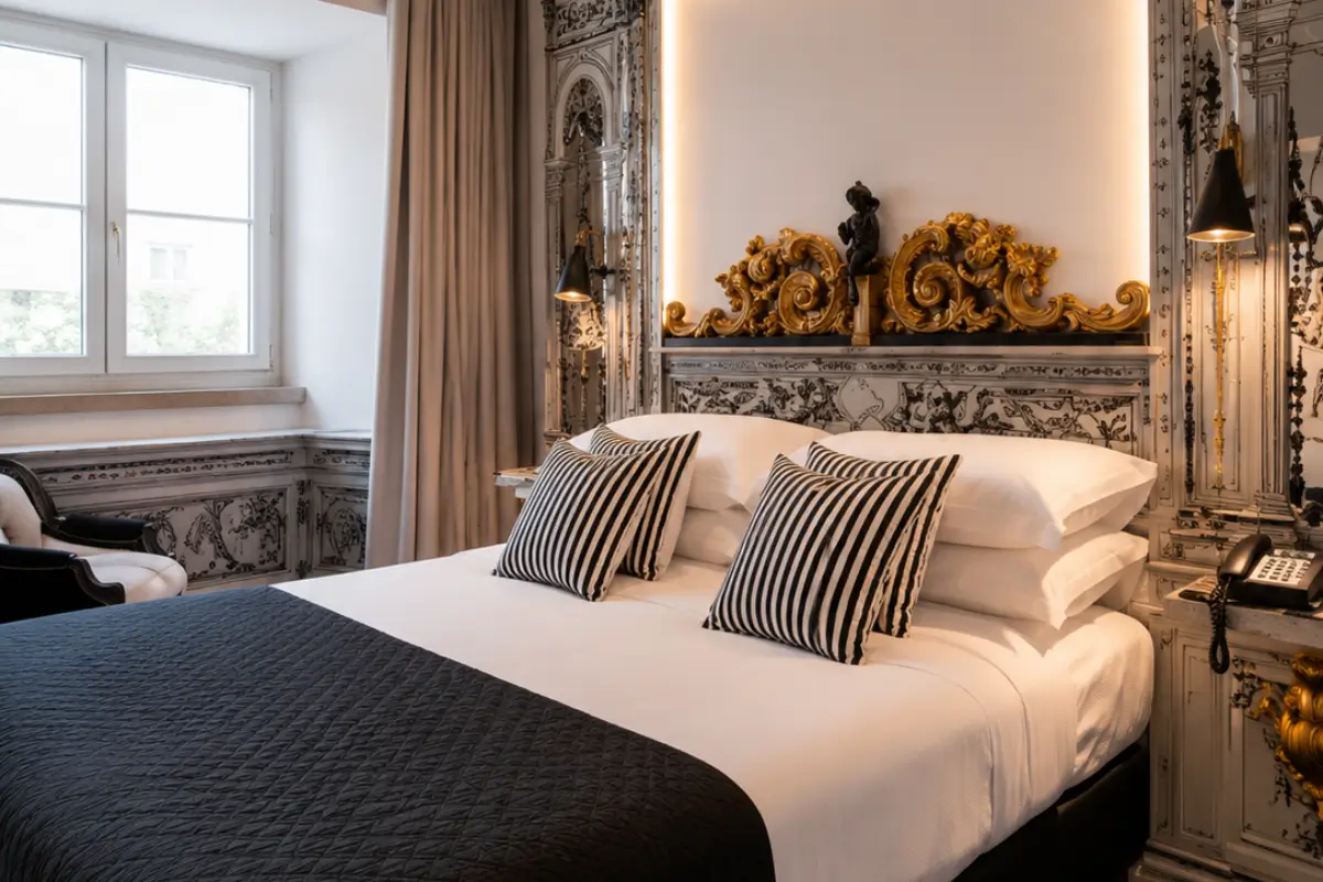 Boutique apartment bedroom featuring an ornate gilded headboard and striped cushions.