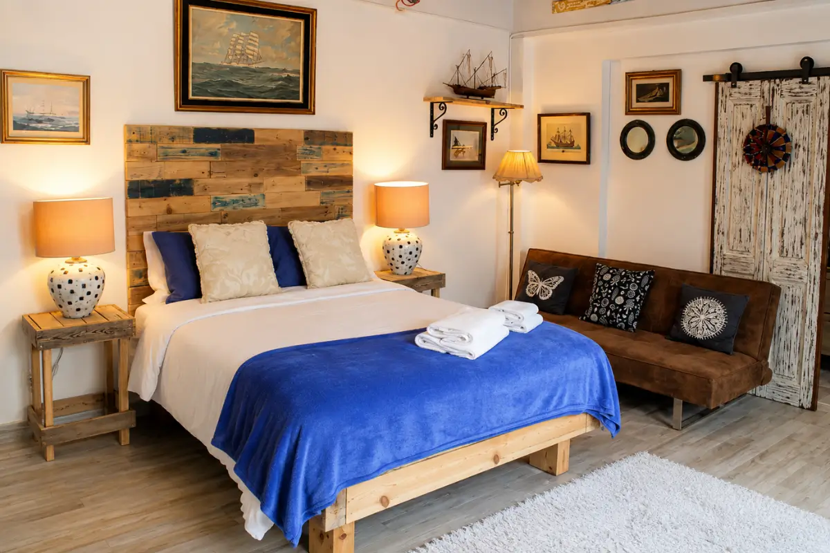 Geronimo Guest House Belém room with a wooden bed.