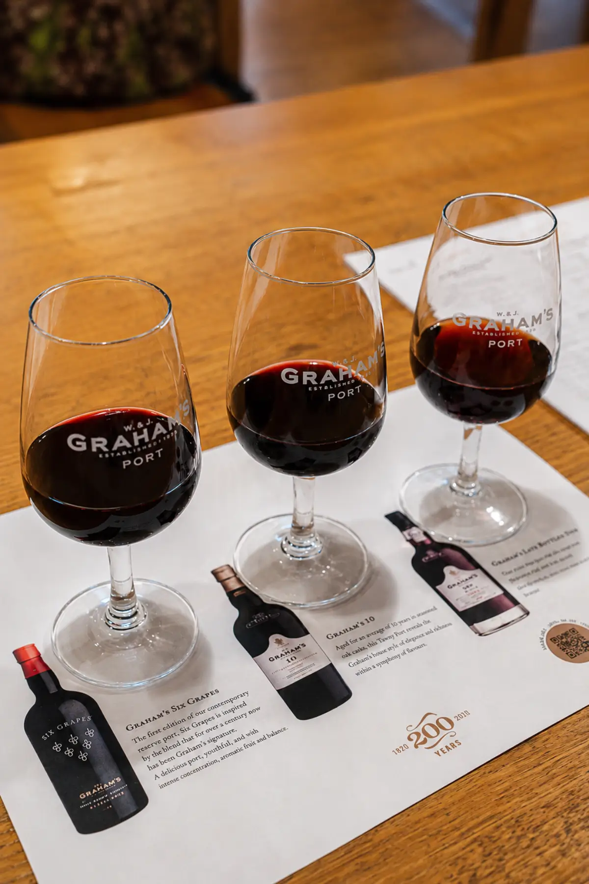Three glasses of Graham's Port arranged for a wine tasting.