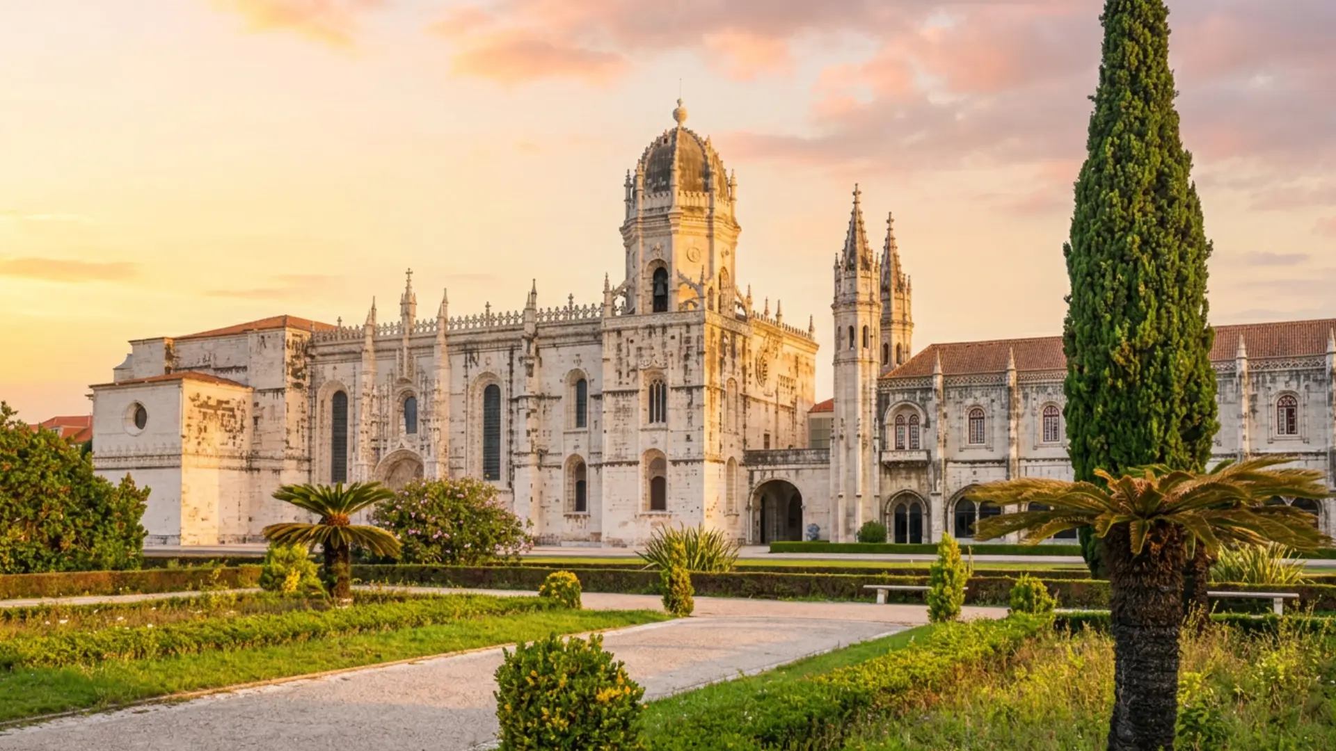 The grand facade and central tower of Jerónimos Monastery set against a warm sunset sky behind manicured gardens in Belém.