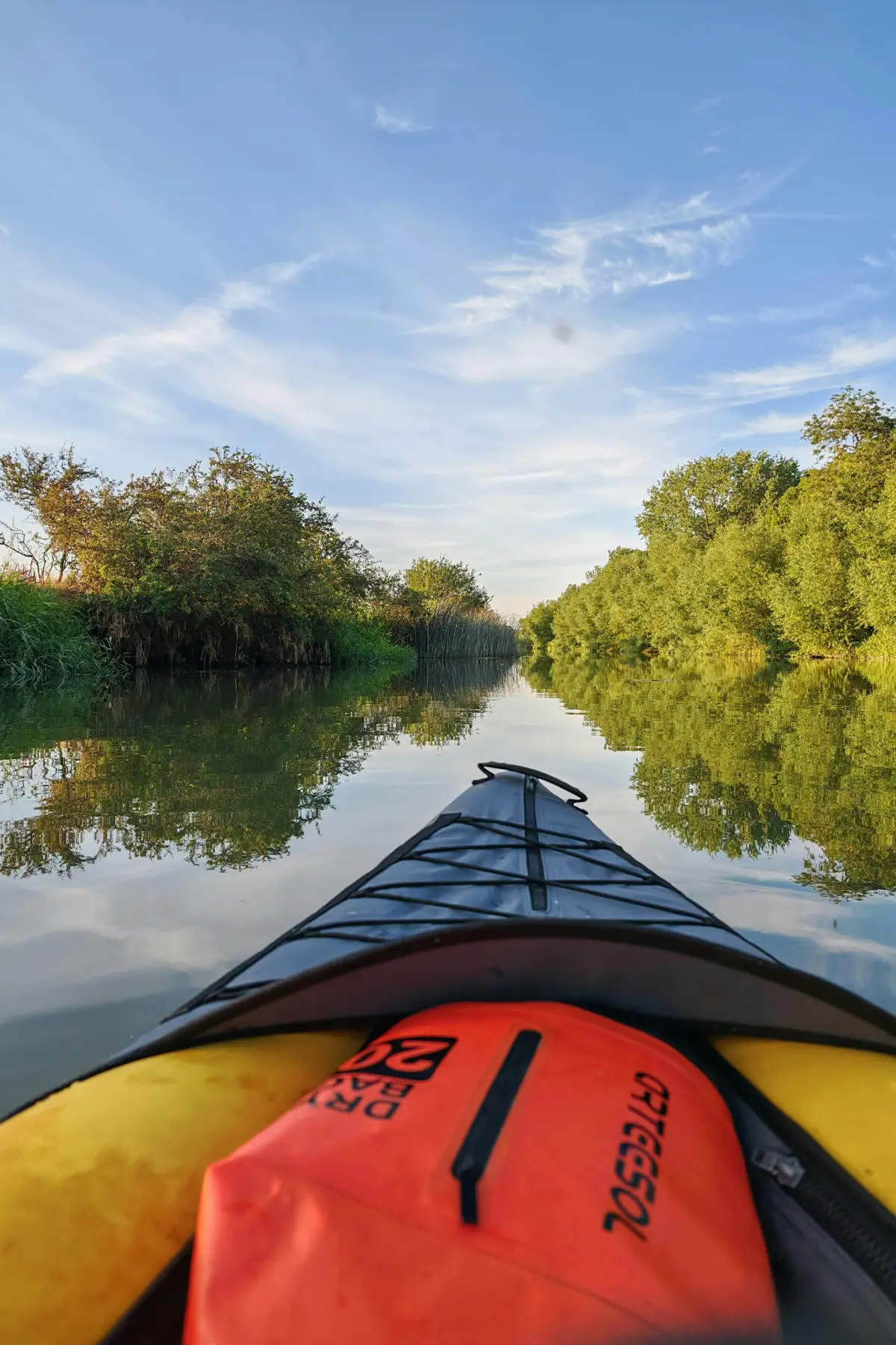 View from a kayak on a calm river surrounded by trees.