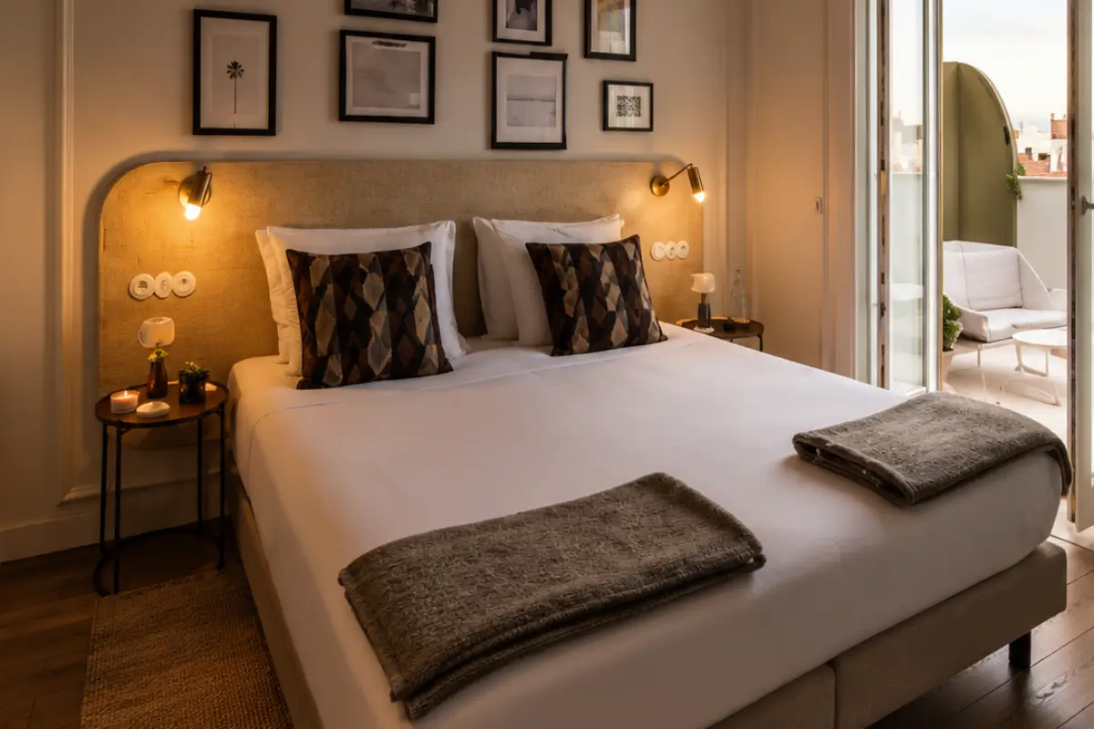 Boutique hotel bedroom with a double bed and open balcony doors.