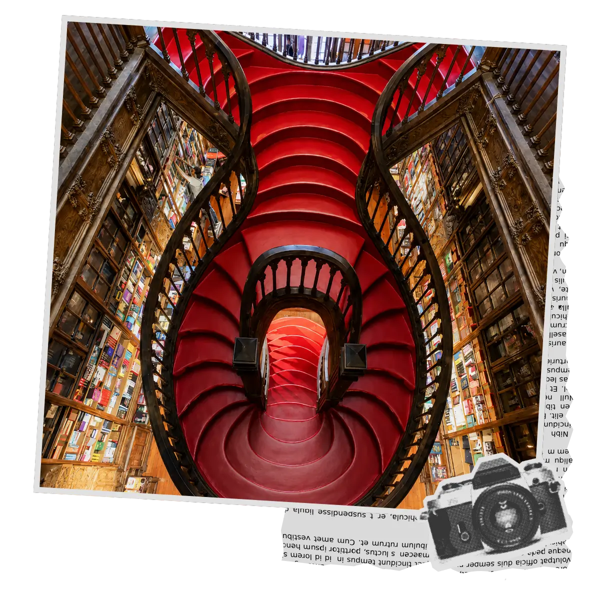 Iconic red staircase surrounded by bookshelves inside Livraria Lello in Porto.