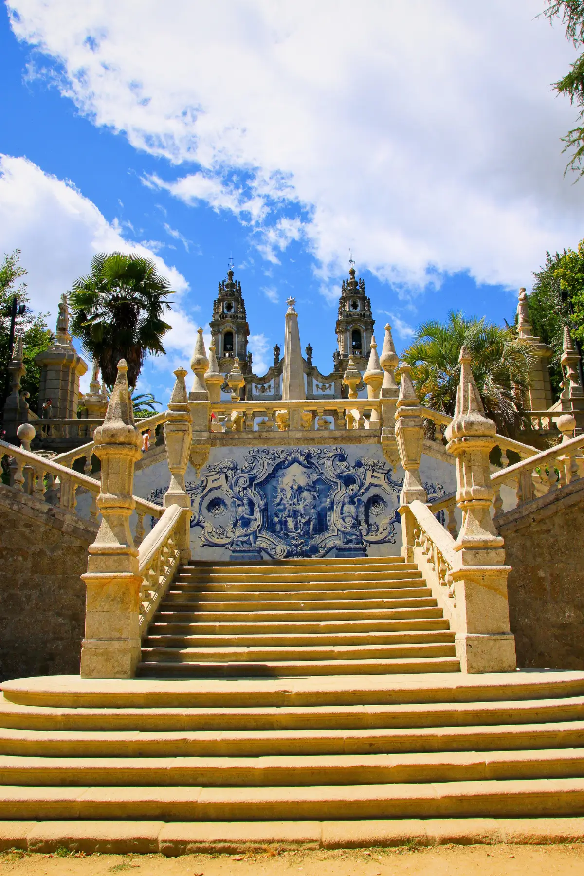 Monumental staircase and blue azulejo panels at Nossa Senhora dos Remédios in Lamego.