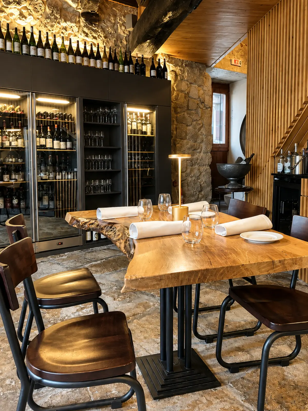 Dining room at ODE Porto Wine House with wooden tables and wine displays.
