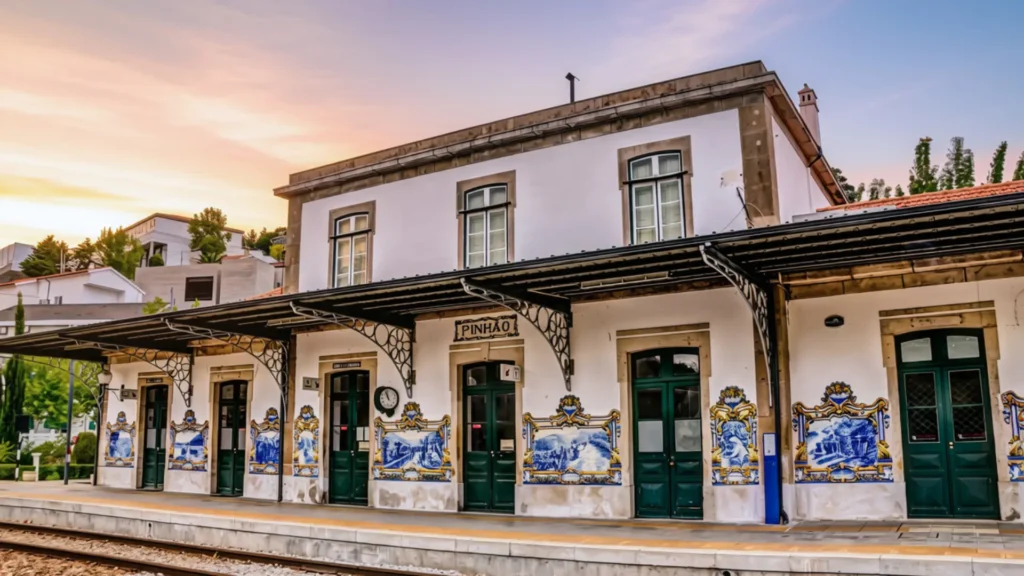 Pinhão Railway Station with blue and white azulejo panels.