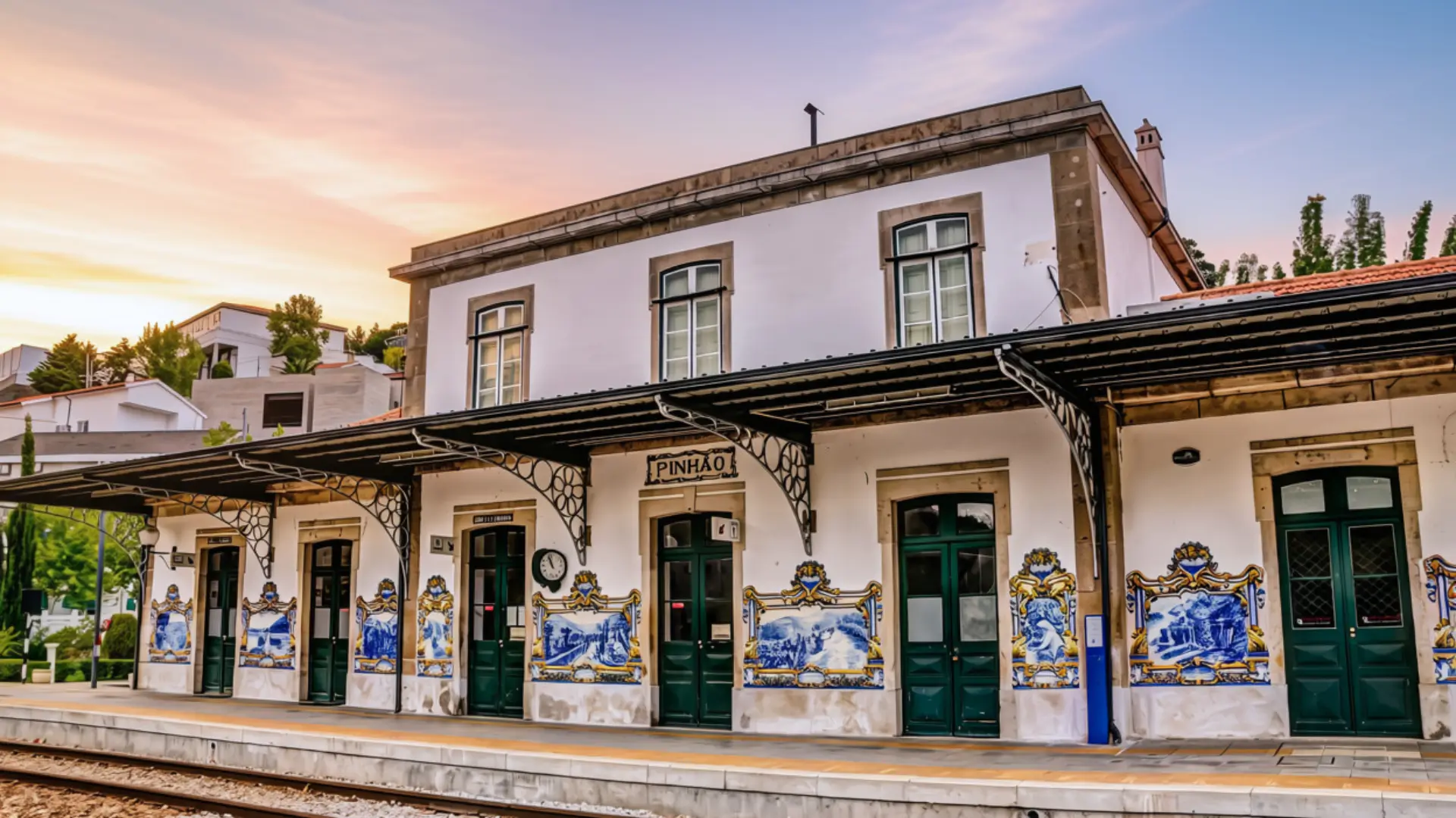 Pinhão Railway Station with blue and white azulejo panels.