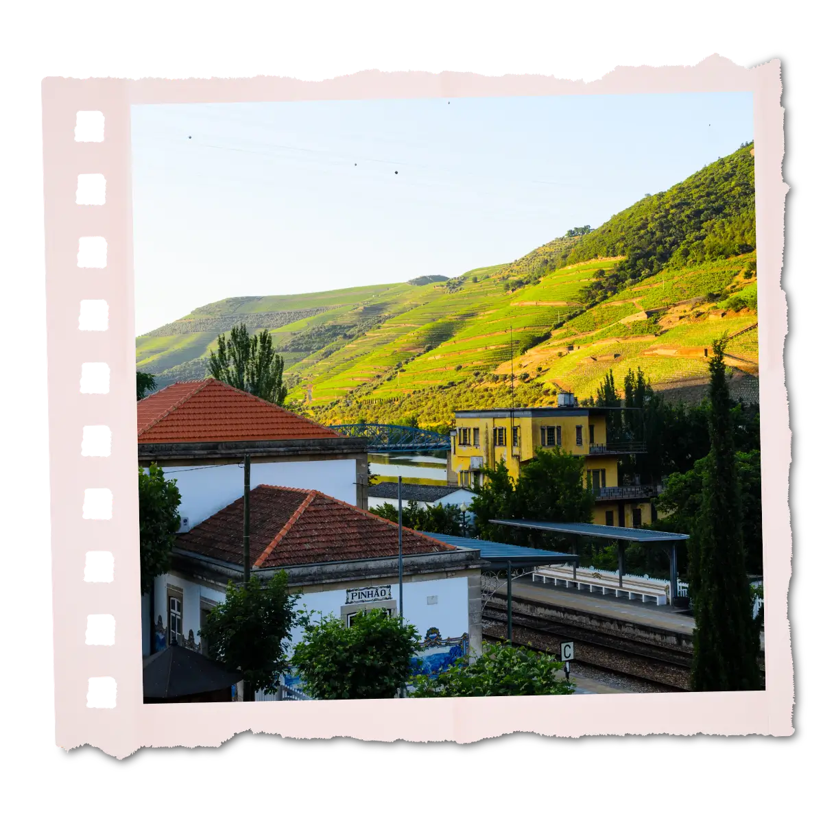 Pinhão railway station and town below terraced vineyard hills.
