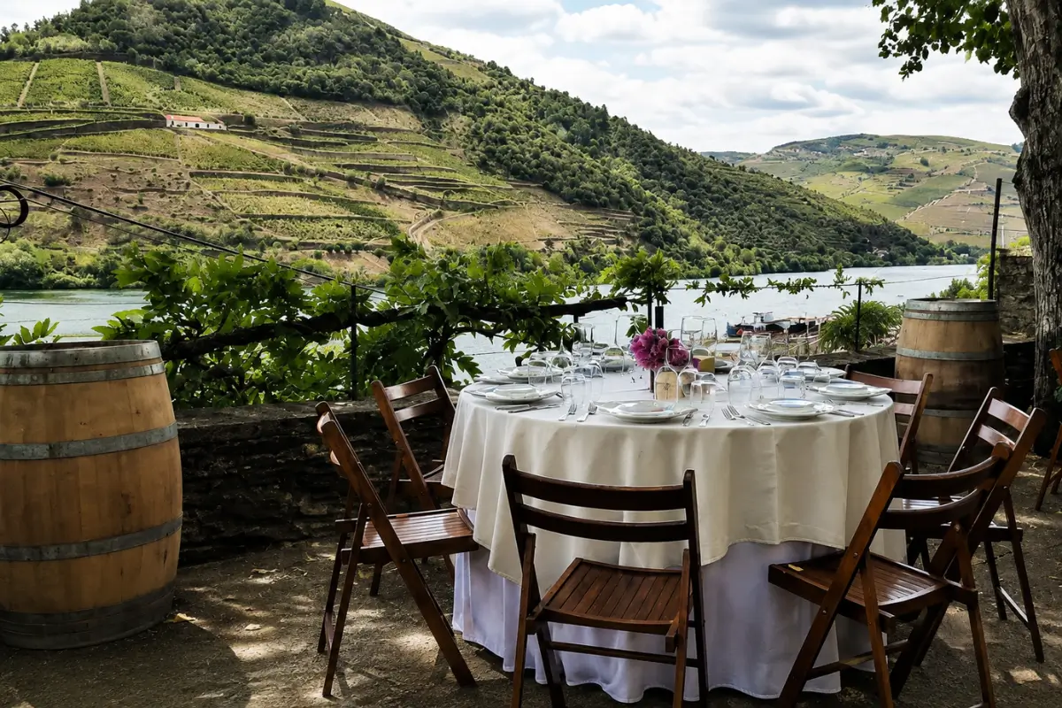 Outdoor dining at Quinta da Foz overlooking the Douro River and terraced vineyards.