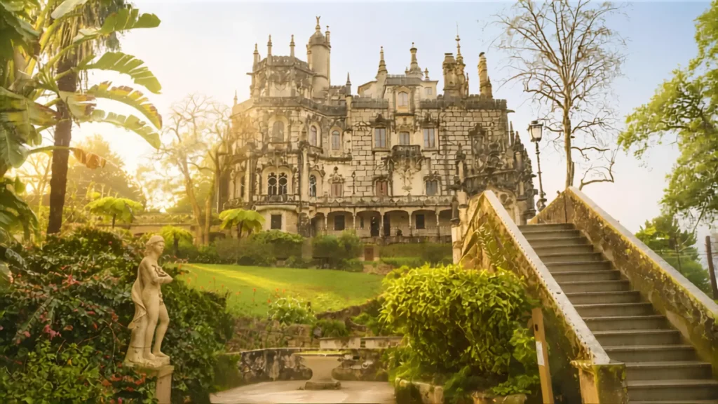 Quinta da Regaleira palace and gardens in Sintra with stone steps and lush greenery.
