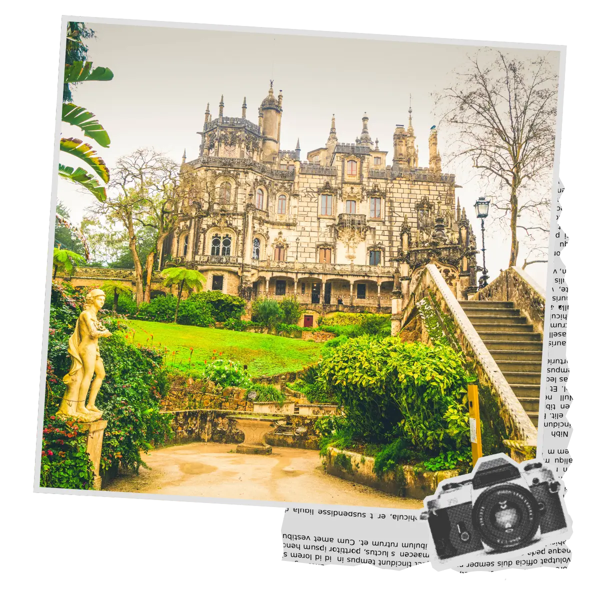 The ornate stone facade and grand garden staircase of Quinta da Regaleira palace surrounded by lush greenery in Sintra.
