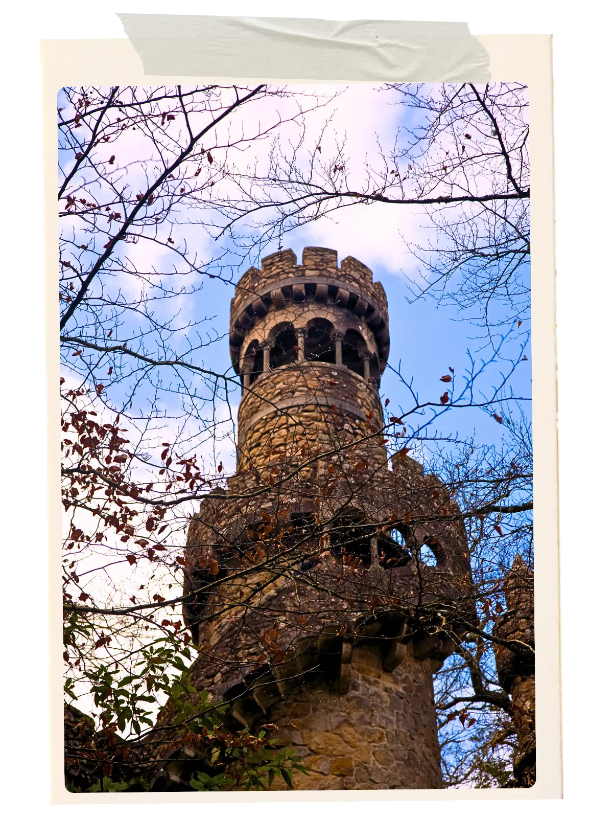 Stone tower at Quinta da Regaleira framed by bare tree branches in Sintra.