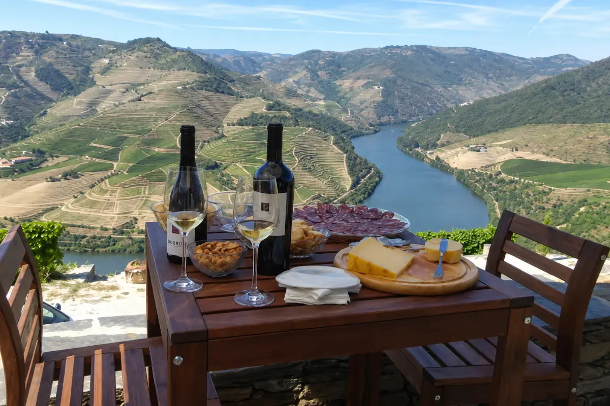 Wine tasting overlooking the Douro River and Quinta das Carvalhas vineyards.