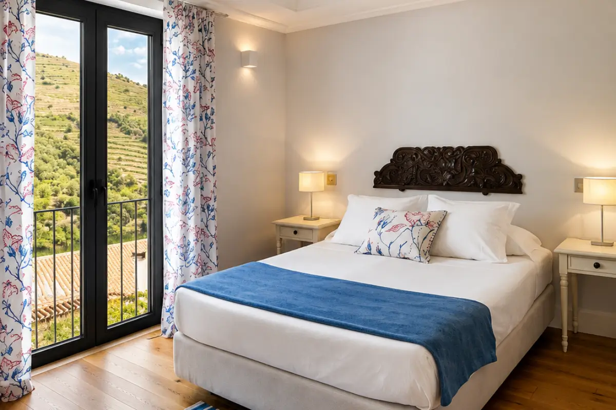 Guest room at Quinta de la Rosa with views of the terraced Douro vineyards.