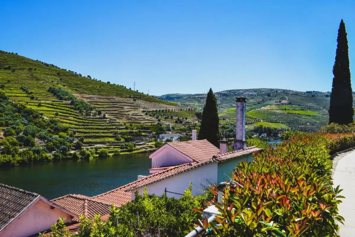 Quinta de la Rosa beside the Douro River with terraced vineyards across the hillside.