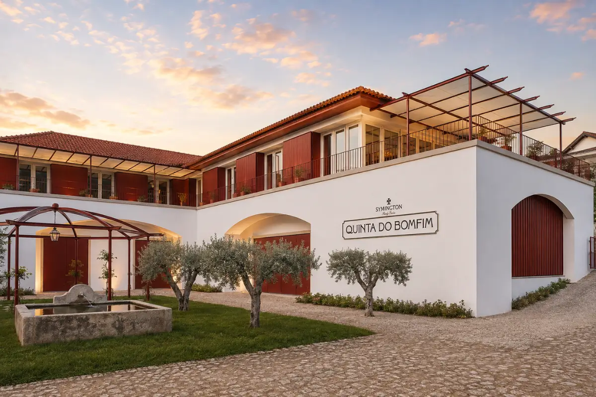 Quinta do Bomfim winery building in Pinhão at sunset.