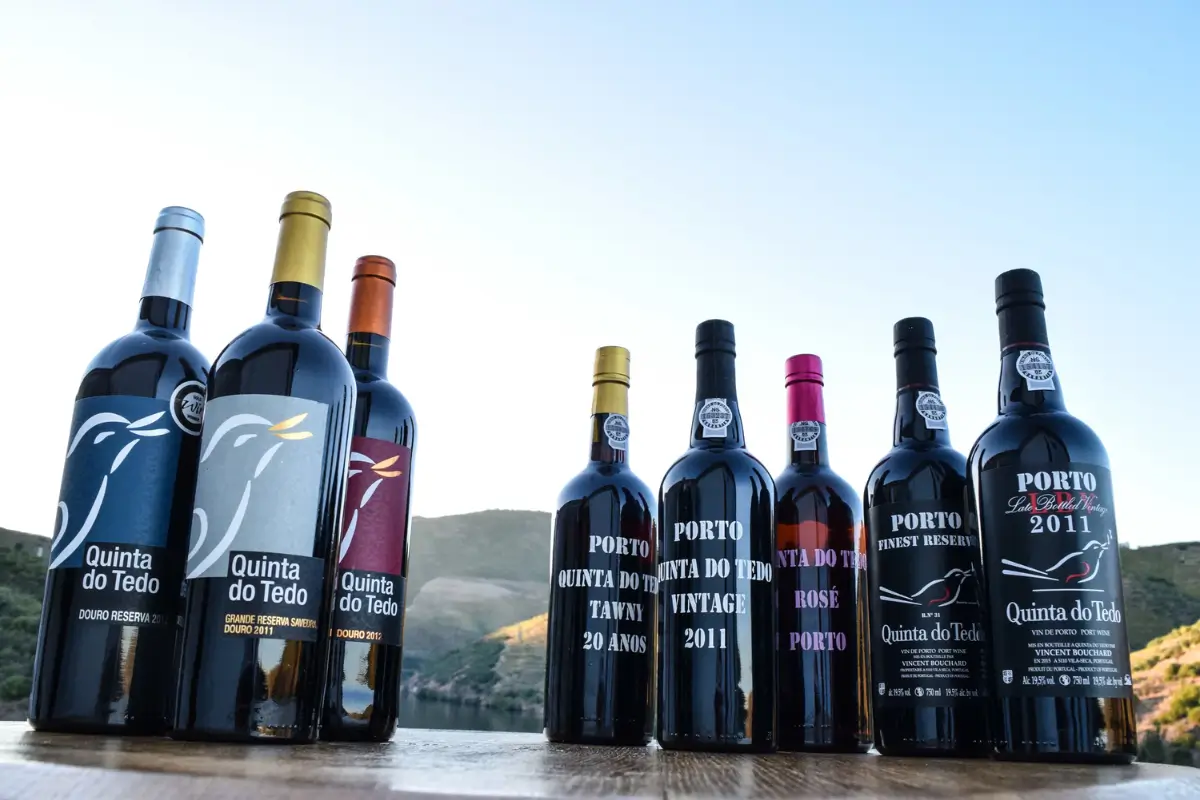 Quinta do Tedo Douro wines and Port bottles overlooking the valley.