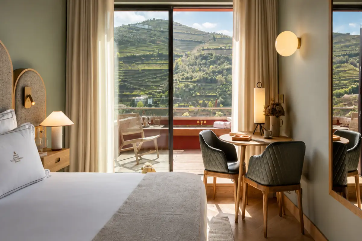 Room at Quinta Nova Winery House overlooking the terraced vineyards of the Douro Valley.
