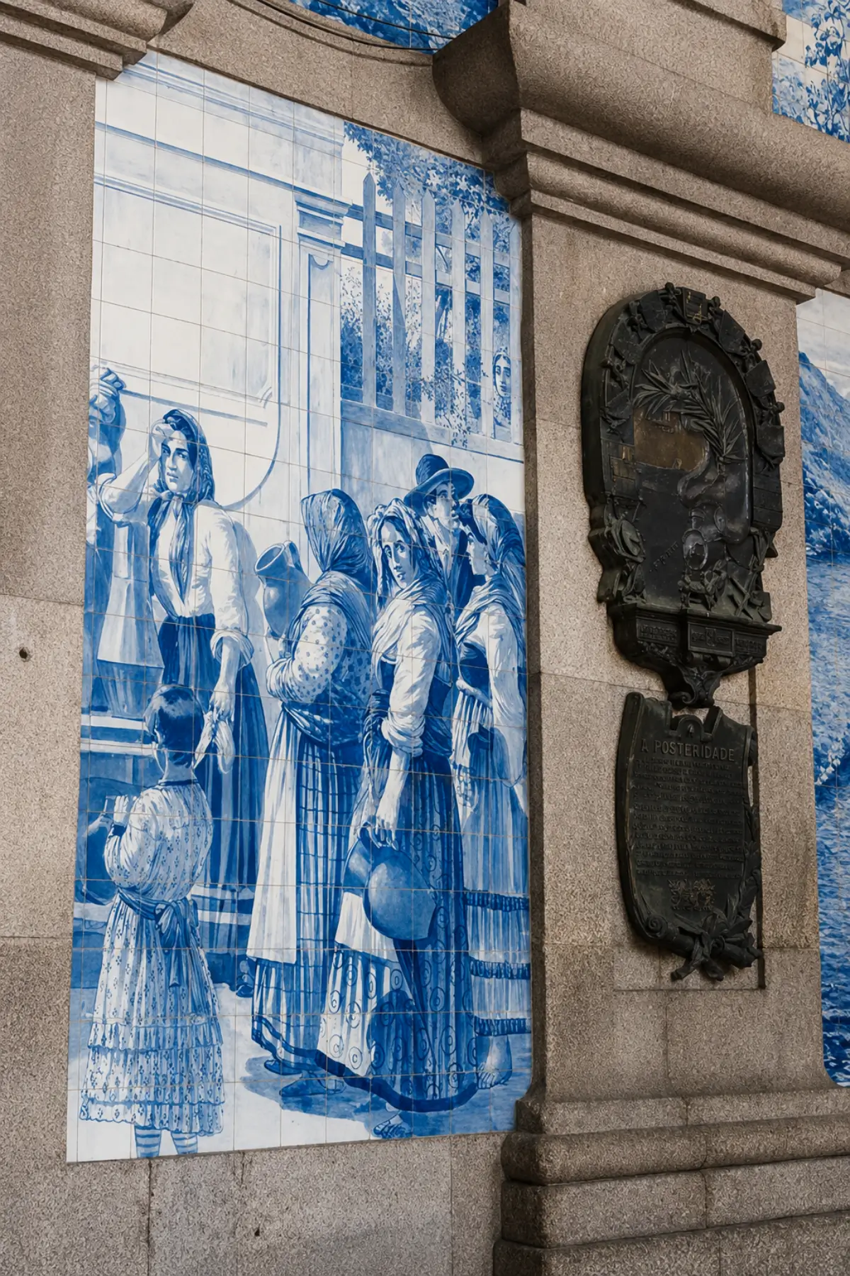Blue and white azulejo mural depicting figures inside São Bento Station in Porto.