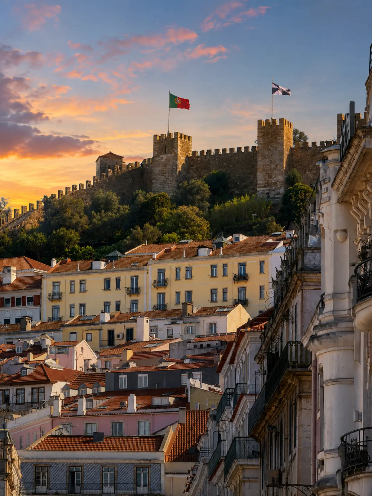 View from below looking up at the stone towers and walls of São Jorge Castle above the terracotta roofs of Lisbon.