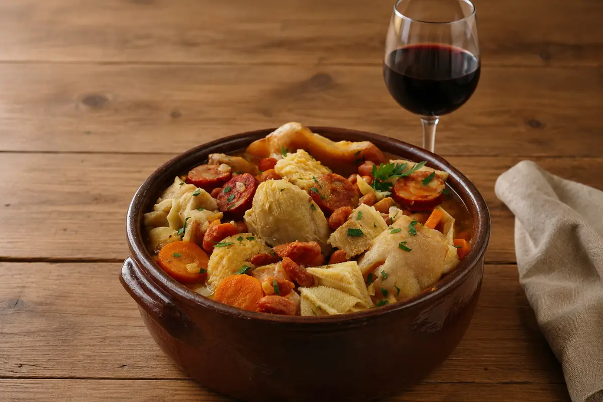 Tripas à Moda do Porto served in a traditional clay dish with beans, vegetables and sausage.