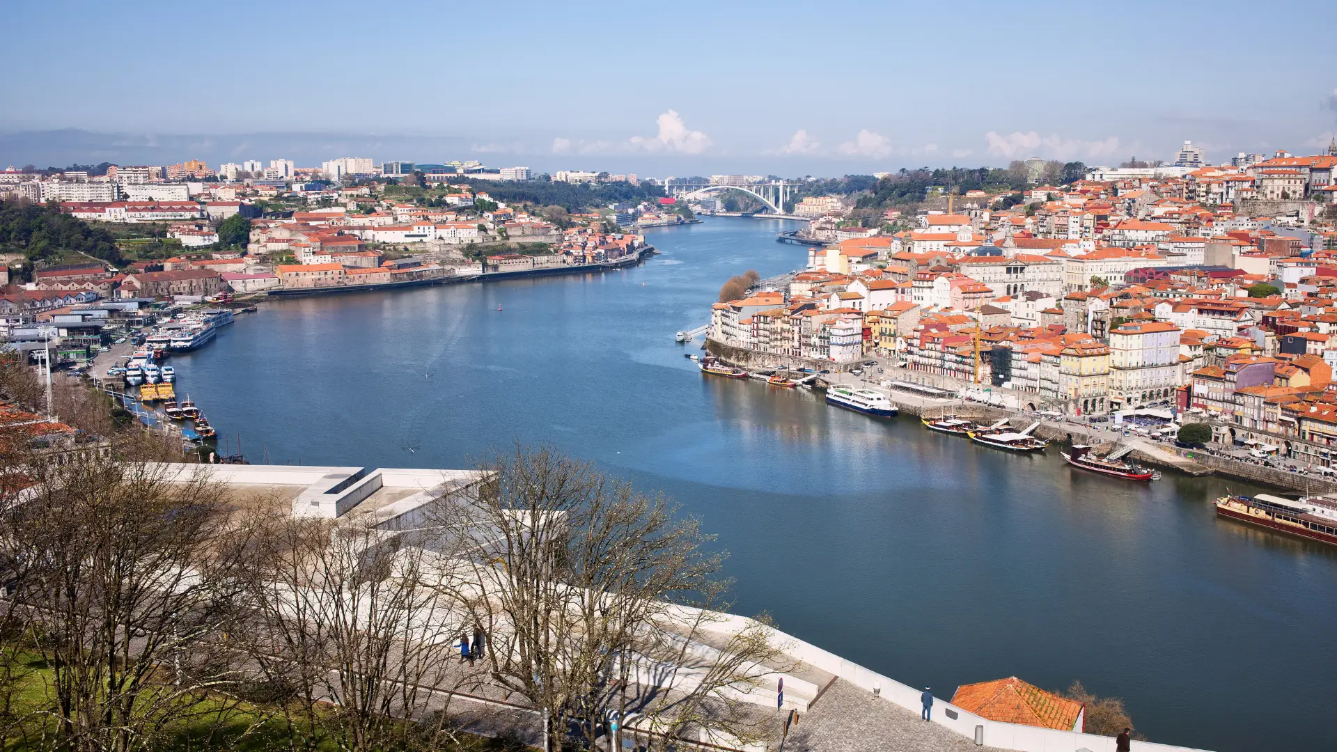 View across the Douro River from Vila Nova de Gaia towards Porto and Ribeira.
