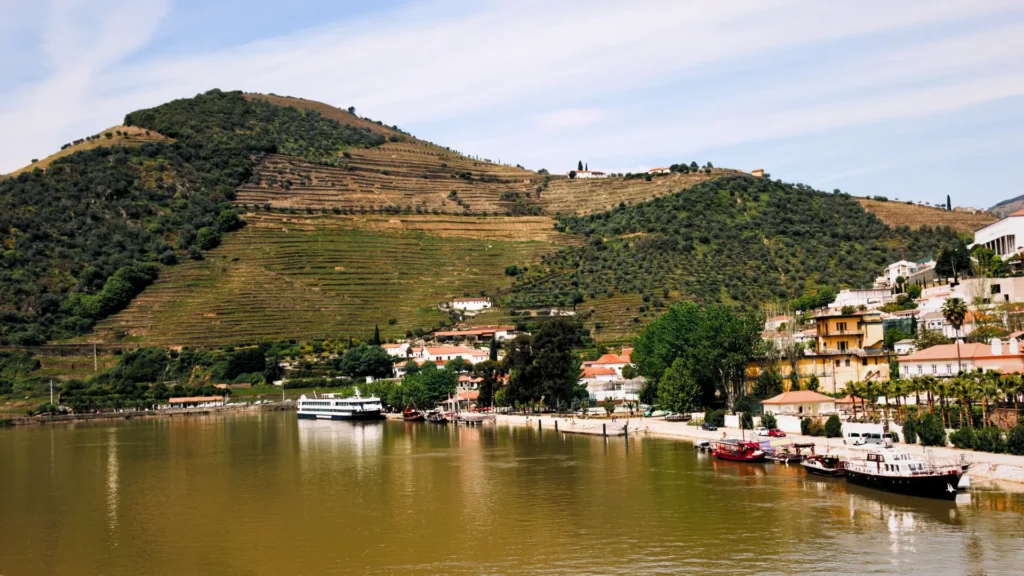 Pinhão waterfront and vineyard-covered hills along the Douro River.