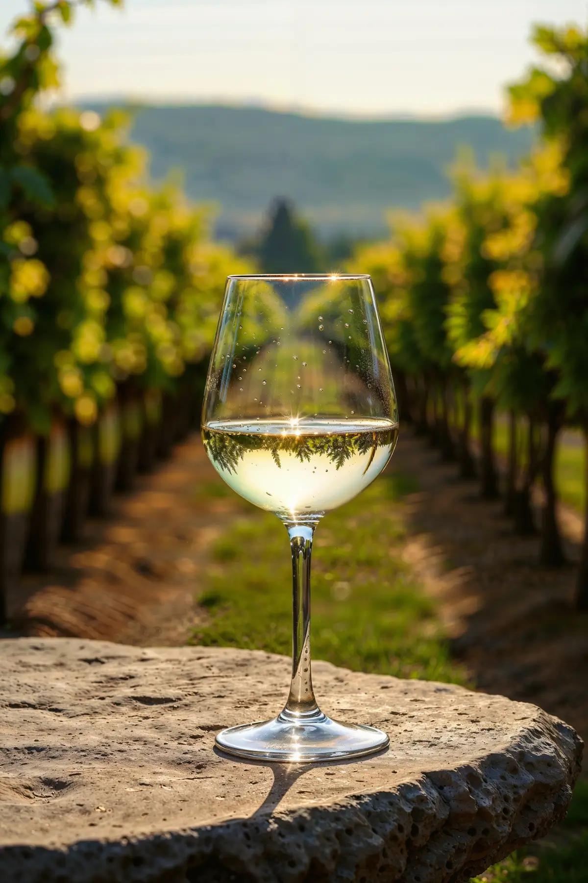 Glass of white wine in front of vineyard rows in warm afternoon light.