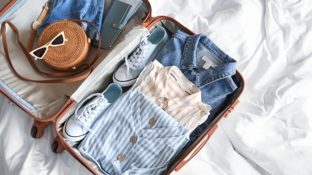 Open carry-on suitcase packed with clothes and shoes.