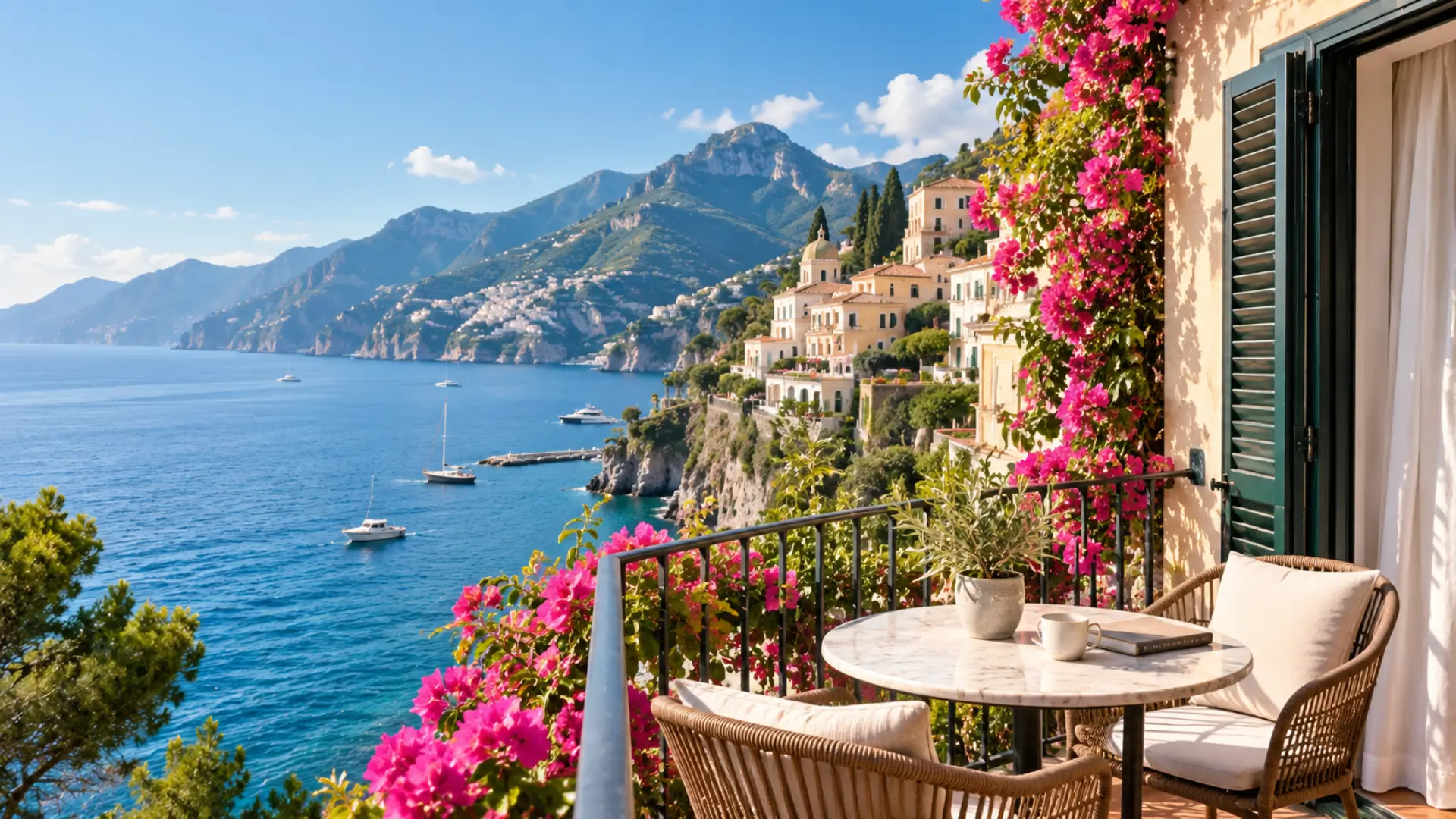 Coastal accommodation balcony overlooking the sea and mountains.