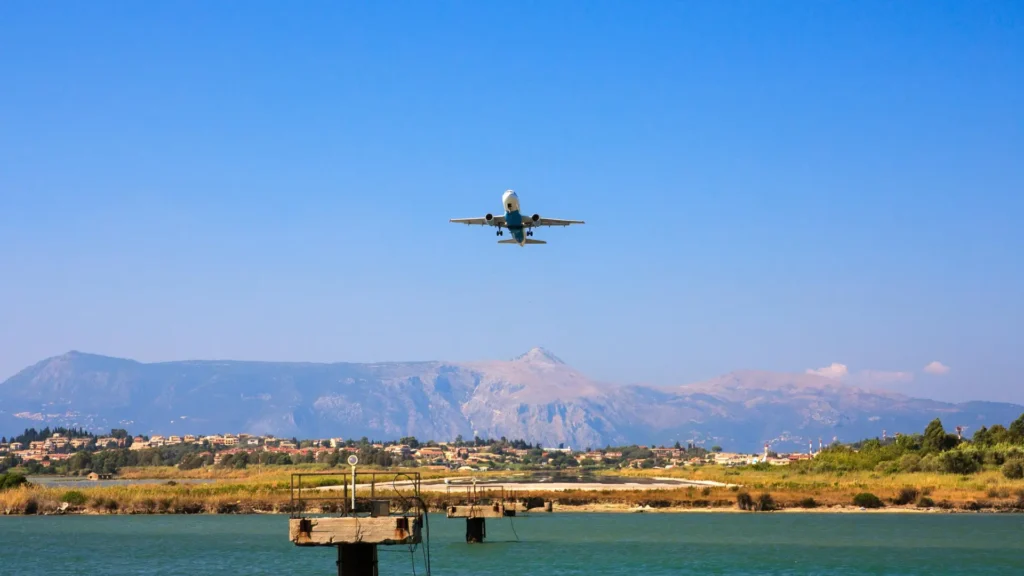 Passenger plane approaching a runway for a first-time flight.