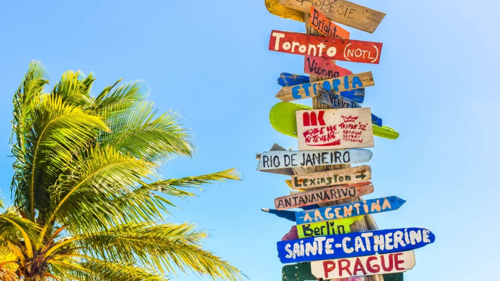 Colourful signpost pointing to different travel destinations.