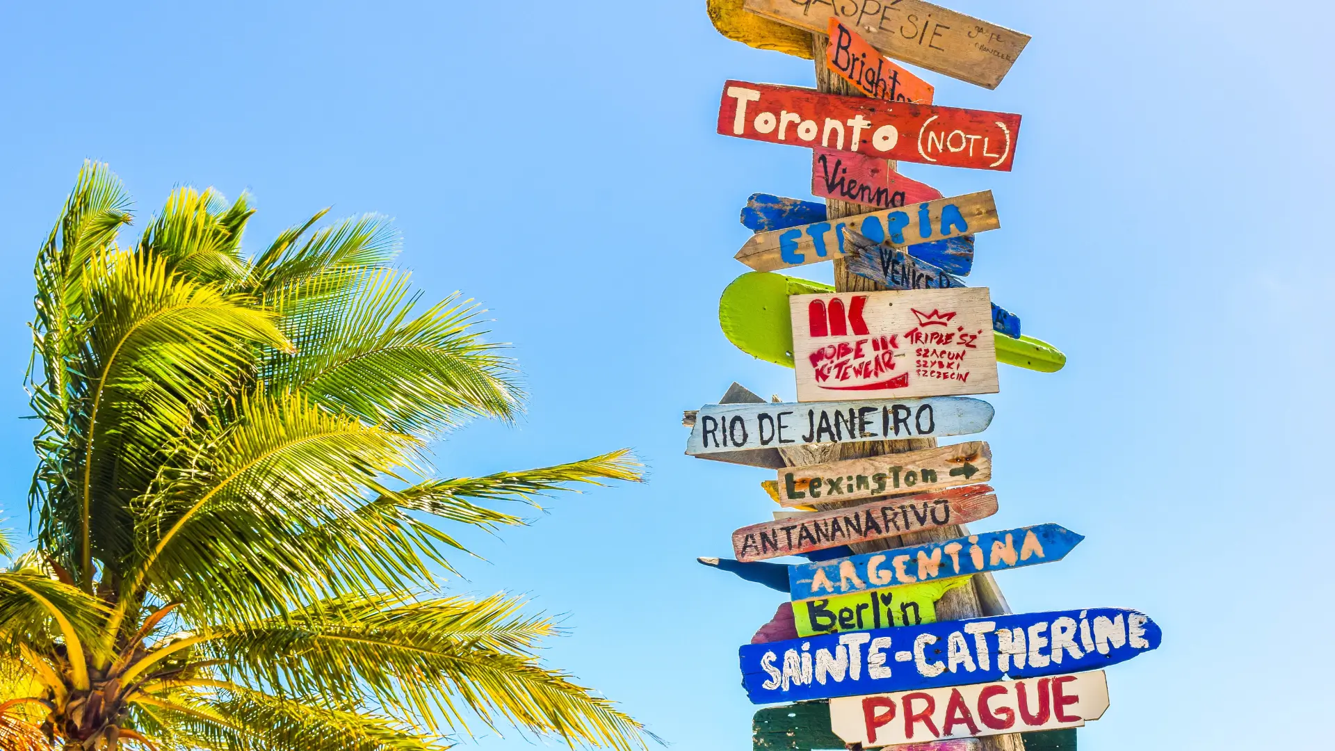 Colourful signpost pointing to different travel destinations.