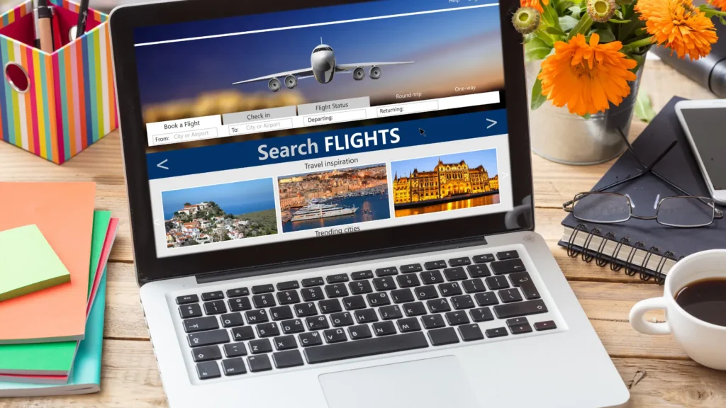 Flight search page with destination and date options.