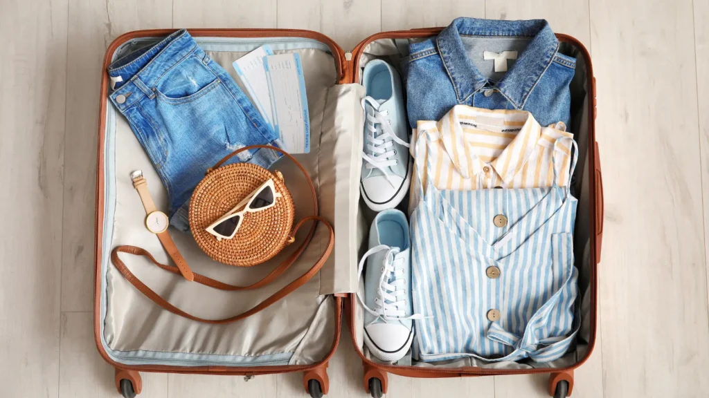 Open suitcase with a small selection of clothes and travel essentials.
